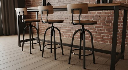 Industrial style bar stools with wooden seats and metal legs.