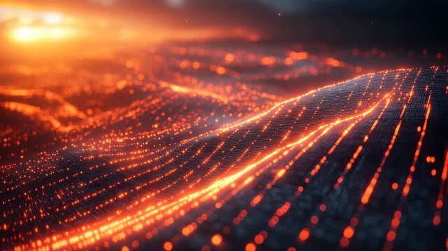 Glowing orange digital wave with bright light particles creating futuristic abstract landscape full of energy and motion combined with bokeh effect and flowing light particles for dynamic digital