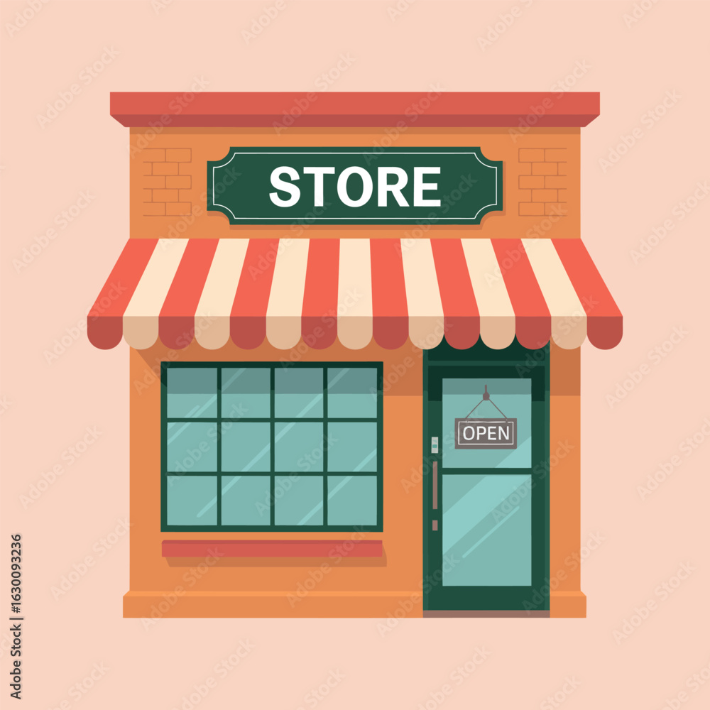 Poster charming storefront with awning and open sign inviting customers to browse and shop in a welcoming e