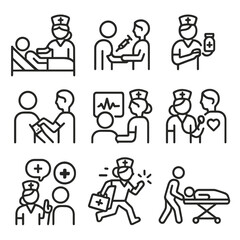 Nurse Activity Icons. Outline icon set of nurse activities: patient care, injection, medication administration, wound dressing,