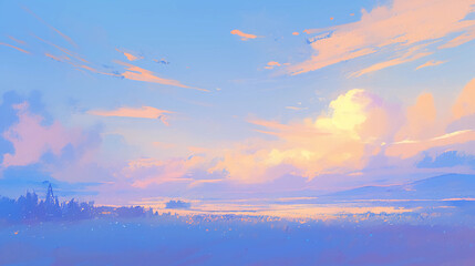 Naklejka premium Serene landscape with soft clouds and light pastel sky, peaceful atmosphere