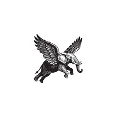 Fototapeta premium Vintage engraving of a flying elephant with large feathered wings