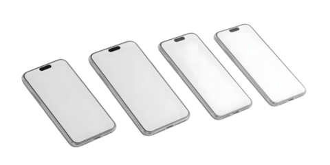 Four modern smartphones display blank screens ready for your creative design and app promotion