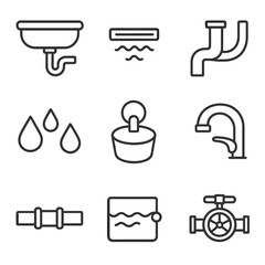 Sink Safety Icon Set. Outline icon set of Sink and overflow safety features: basin, overflow slot, drainpipe,