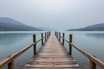 Naklejka premium Misty Pier Extending Into Tranquil Lake Surrounded by Mountains