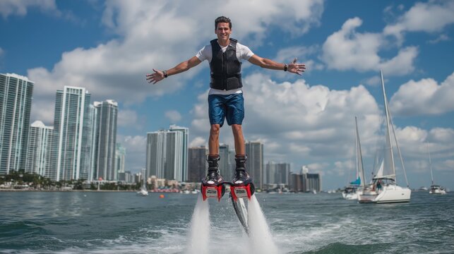 Thrilling flyboarding experience above the waters of Miami with a stunning skyline backdrop