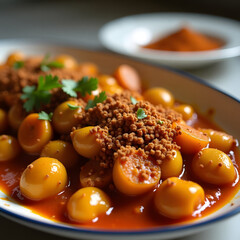 displays a vibrant and appetizing dish featuring small yellow potatoes or possibly baby carrots, coated in a rich, reddish-orange sauce. The dish is garnished generously with what appears to be a crum