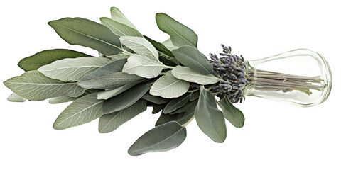 Sage and lavender bouquet still life on transparent png background