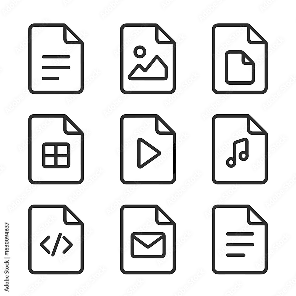 Poster open file icons. outline icon set of open file formats: open document, open image, open pdf, open sp
