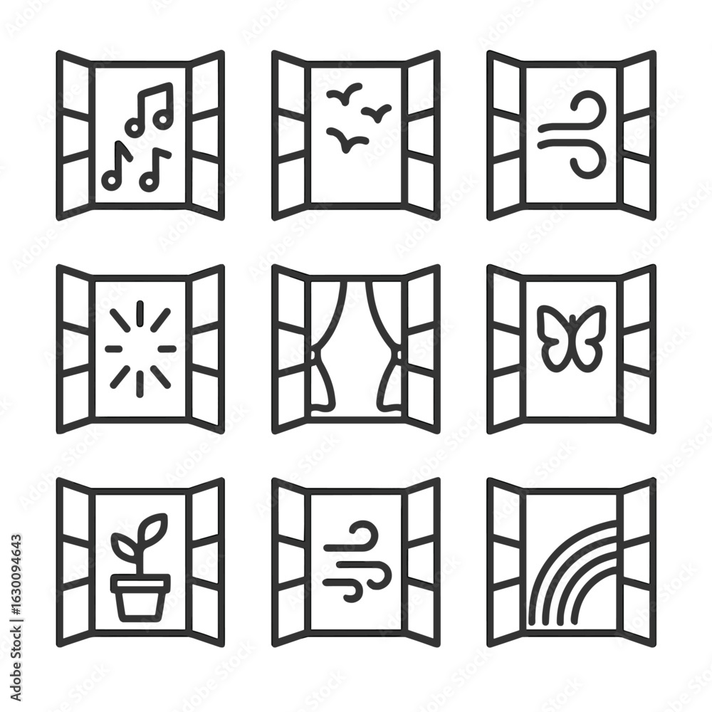 Poster open window icons. outline icon set of open window concepts: open window with music notes, open wind