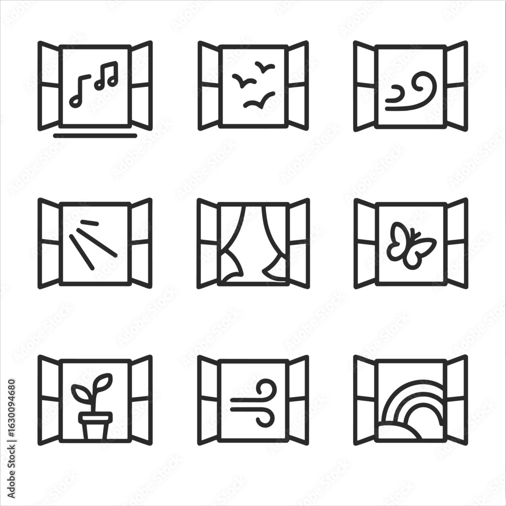 Poster open window icons. outline icon set of open window concepts: open window with music notes, open wind