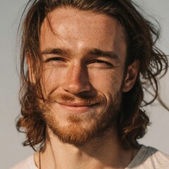 Fototapeta premium portrait of a 25-year-old skinny Caucasian male model with long hair, clean skin, smiling, wearing a t-shirt, sunny outdoor lighting.