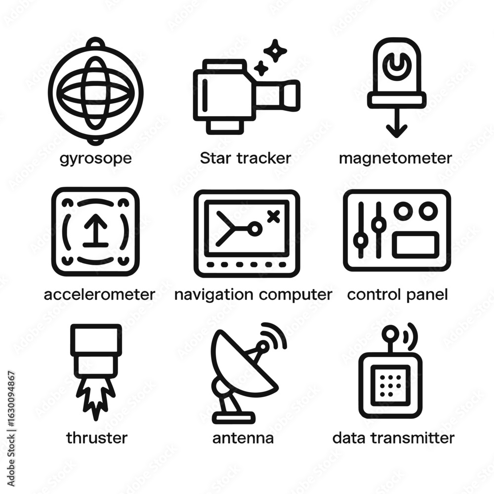 Poster orbit navigation icons. outline icon set of orbit navigation instruments: gyroscope, star tracker, a