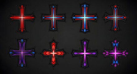 Obraz premium Discover striking ornate crosses in vibrant red, blue, and purple hues, perfect for adding gothic or mystical flair to your designs with luminous detail.