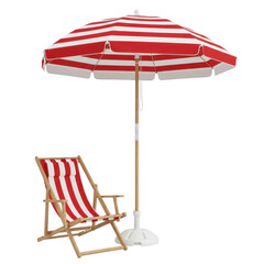 Beach umbrella and chair with red stripes isolated on transparent background