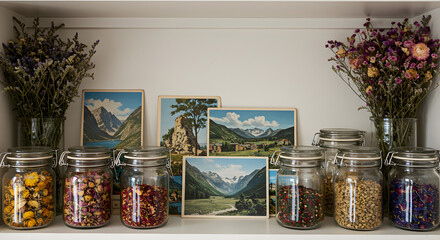 Aesthetic display of dried flowers in jars and mountain landscape art prints on a shelf, creating a vintage and nostalgic botanical arrangement