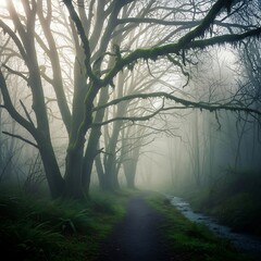 Obraz premium Misty forest path through trees draped in moss.