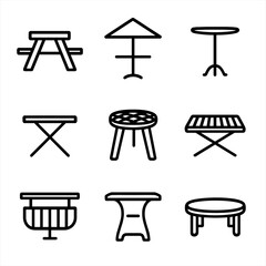 Outdoor Table Icons. Outline icon set of outdoor tables: picnic table, patio table, bistro table, folding table, garden table,