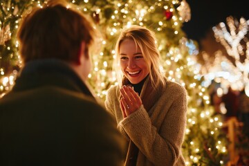 Romantic Christmas proposal in front of festive lights

