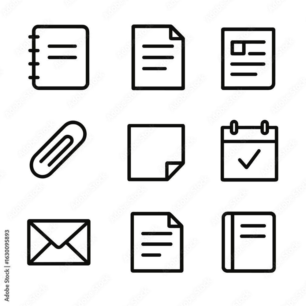 Poster paper notes icon set. outline icon set of paper notes: notebook, memo, letter, paperclip, sticky not