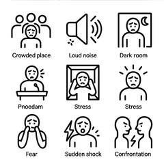 Panic Trigger Icons. Outline icon set of panic attack triggers: crowded place, loud noise, dark room, public speaking, confined