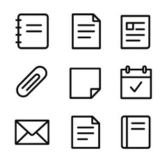 Paper Notes Icon Set. Outline icon set of paper notes: notebook, memo, letter, paperclip, sticky note, reminder, envelope, draft,