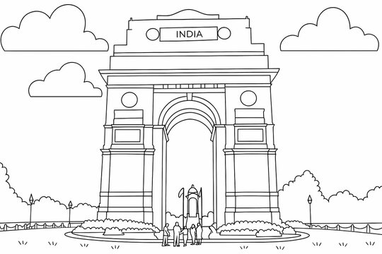 Black ink line illustration of India Gate new delhi
