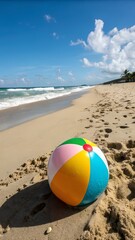 Colorful beach ball on a sandy beach near the ocean. ideal for summer and outdoor themes