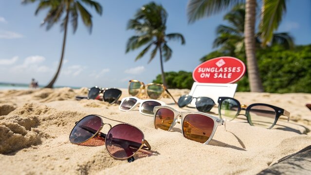 Variety of sunglasses on sale summer beach theme stylish designs sunny day appealing offers