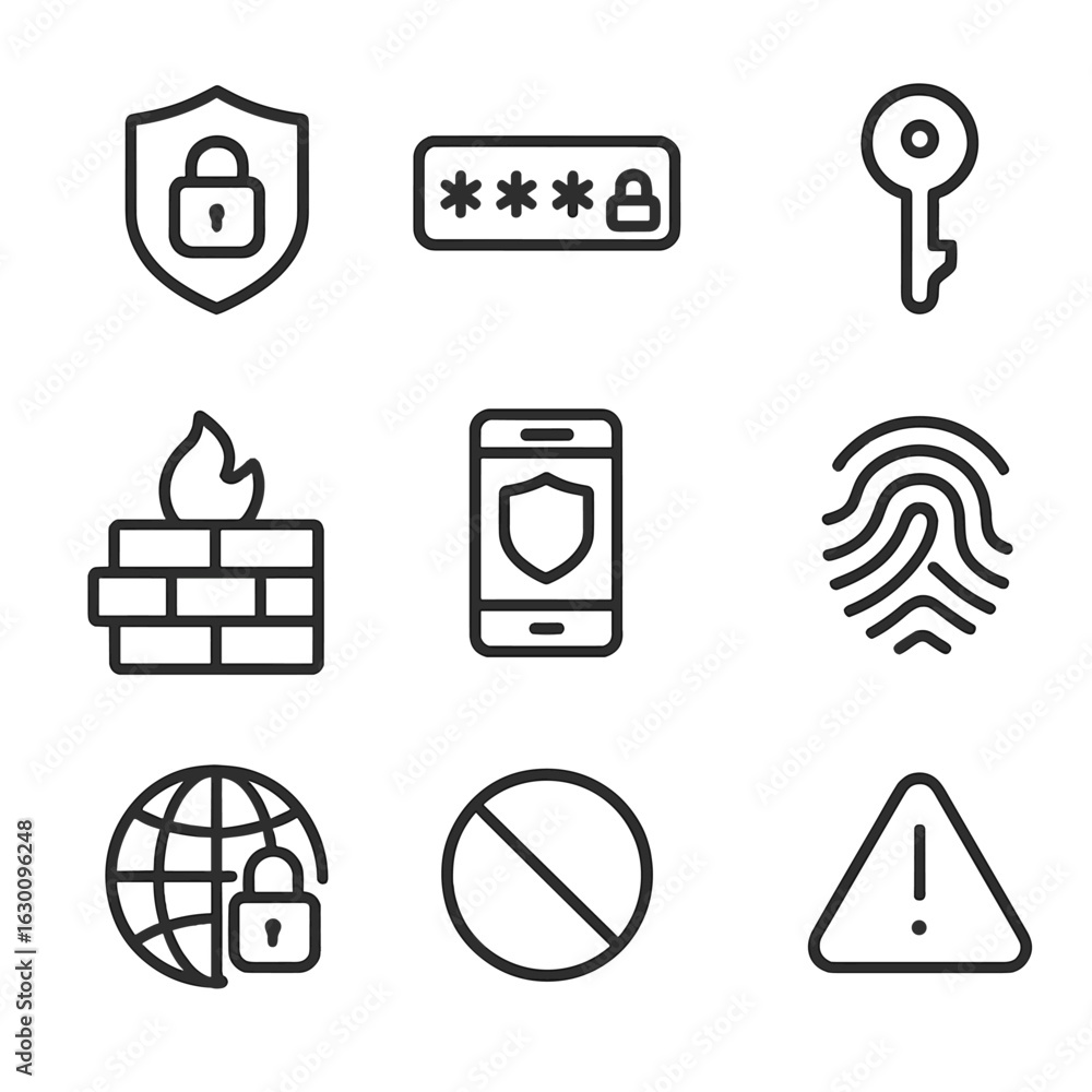 Poster password security icons. outline icon set of password security: shield lock, encrypted password, sec