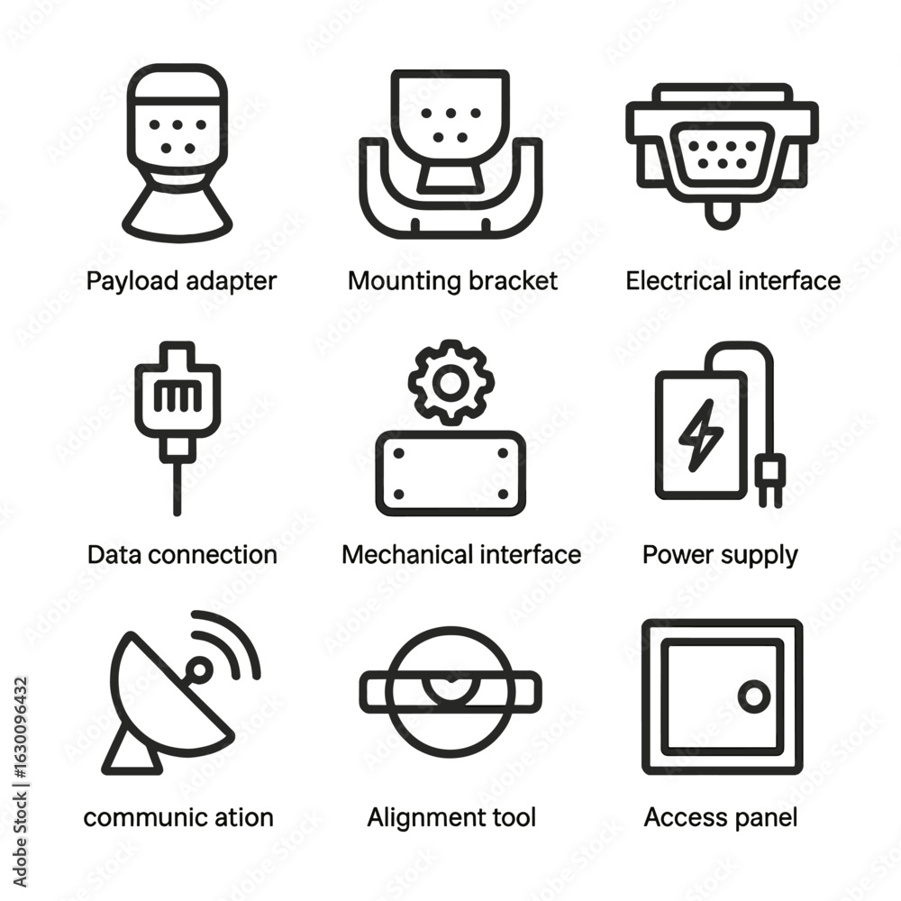 Poster payload integration icons. outline icon set of payload integration: payload adapter, mounting bracke