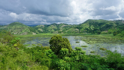 Lush green hills and a tranquil wetland in Haiti under dramatic cloudy skies, with reflections on the water and vibrant tropical vegetation.