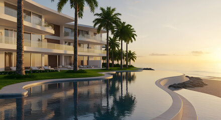 Fototapeta premium Luxury beach resort ocean view palm trees swimming pool vacation travel destination tropical paradise hotel