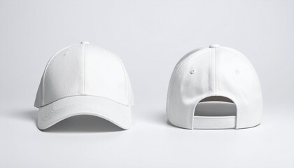 White baseball caps mockup on a grey background, front and back side.