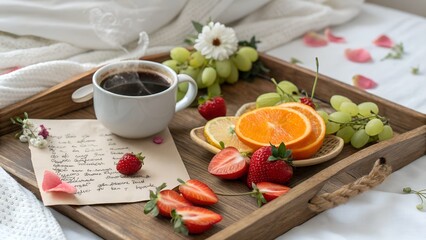 Coffee cup on a rustic wooden tray accompanied by fresh fruits and a note with flowers on the bed