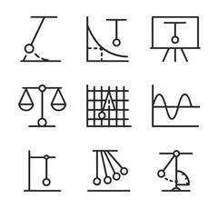 Pendulum Icon Set. Outline icon set of pendulum in educational tools: diagram pendulum, physics equation, energy graph, teaching