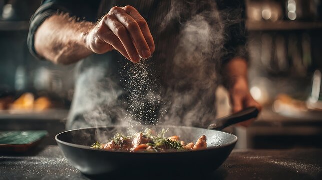 Chef adding seasoning to a steaming dish in a pan gourmet food preparation process professional cooking experience