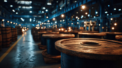 Industrial warehouse with wooden cable reels on the floor, highlighted by diffused lighting for strong compositional order and texture emphasis.