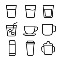 Everyday Drinkware Icons. Outline icon set of everyday drinkware: water glass, juice glass, milk glass, iced tea glass, coffee cup