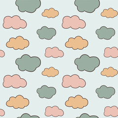 Pastel cloud pattern with pink, green and yellow clouds. Great for baby decor, seamless designs and digital use.