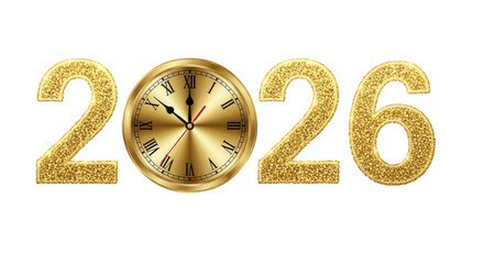 Golden new year 2026 with clock isolated on transparent background
