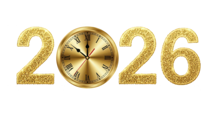 Golden new year 2026 with clock isolated on transparent background