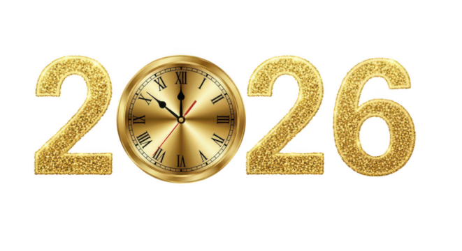 Golden new year 2026 with clock isolated on transparent background - Powered by Adobe