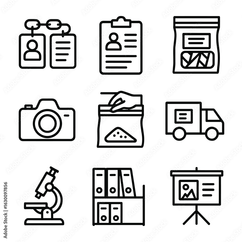 Poster evidence handling icons. outline icon set of evidence handling: chain of custody, documentation, lab