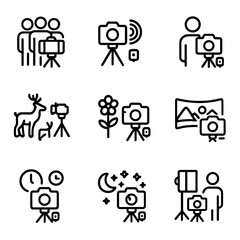 Photography Icon Set. Outline icon set of remote shutter creative techniques: group selfie, long exposure, self-portrait, wildlife