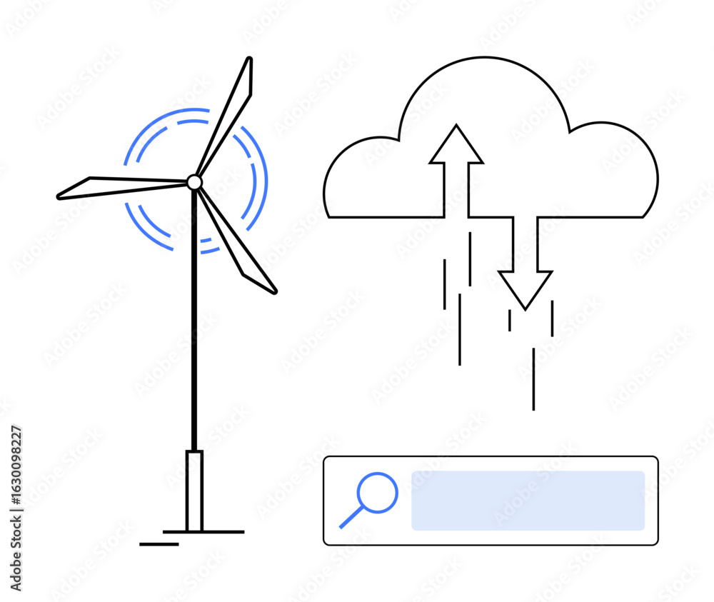 Poster wind turbine generating energy, cloud with arrows symbolizing data exchange, and search bar interfac