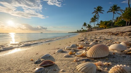 Seashells on sandy beach summer ocean sunny day vacation sky blue gold calm view coast shore water