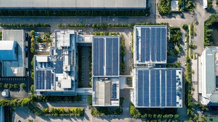 Aerial view of a brightly lit modern solar panel manufacturing factory with rows of photovoltaic modules and clean energy production. Sustainable renewable energy and eco-friendly building facilities.