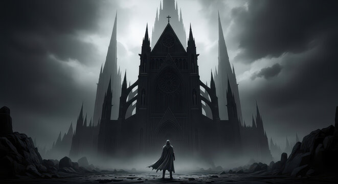  a lone cloaked figure stands before a massive, dark gothic cathedral under a stormy, foggy sky - Powered by Adobe