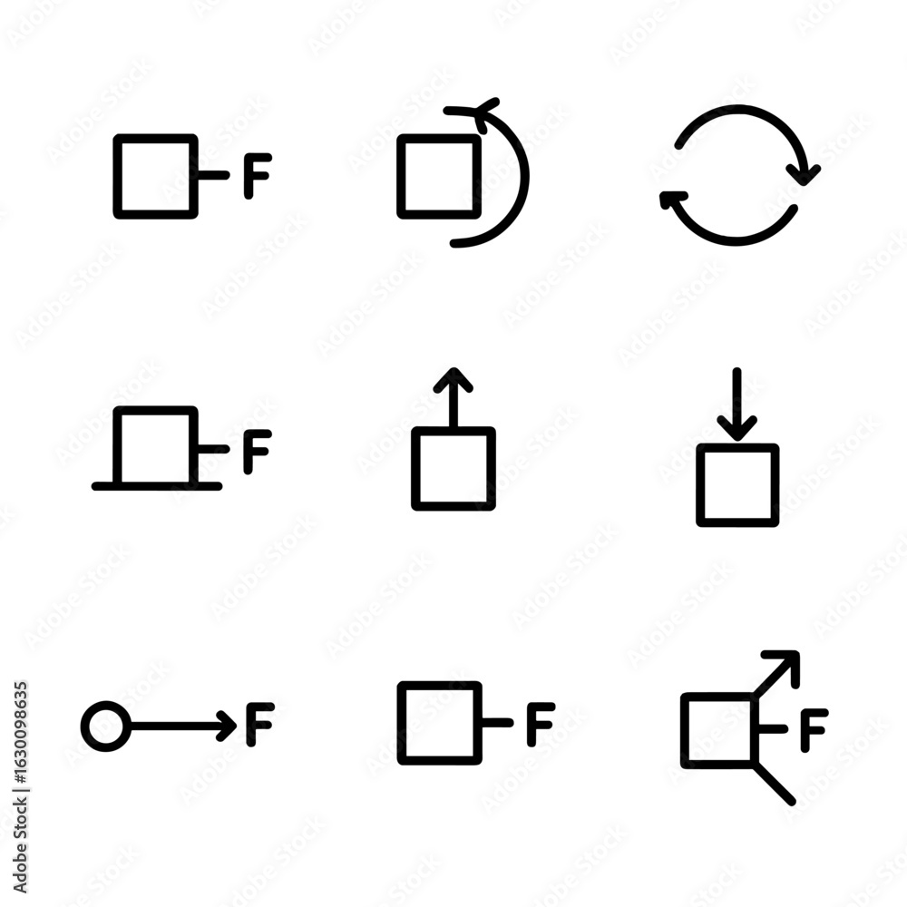 Poster physics force icons. outline icon set of inertia forces: inertial force vector, centrifugal force, c